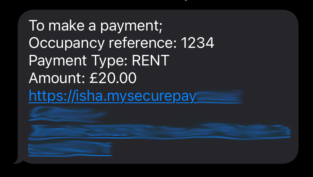 An example of text (SMS) message you'll receive when making a payment.