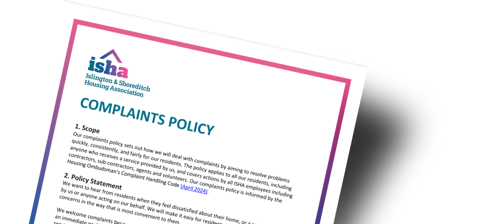 Part of the first page of ISHA's complaints policy.