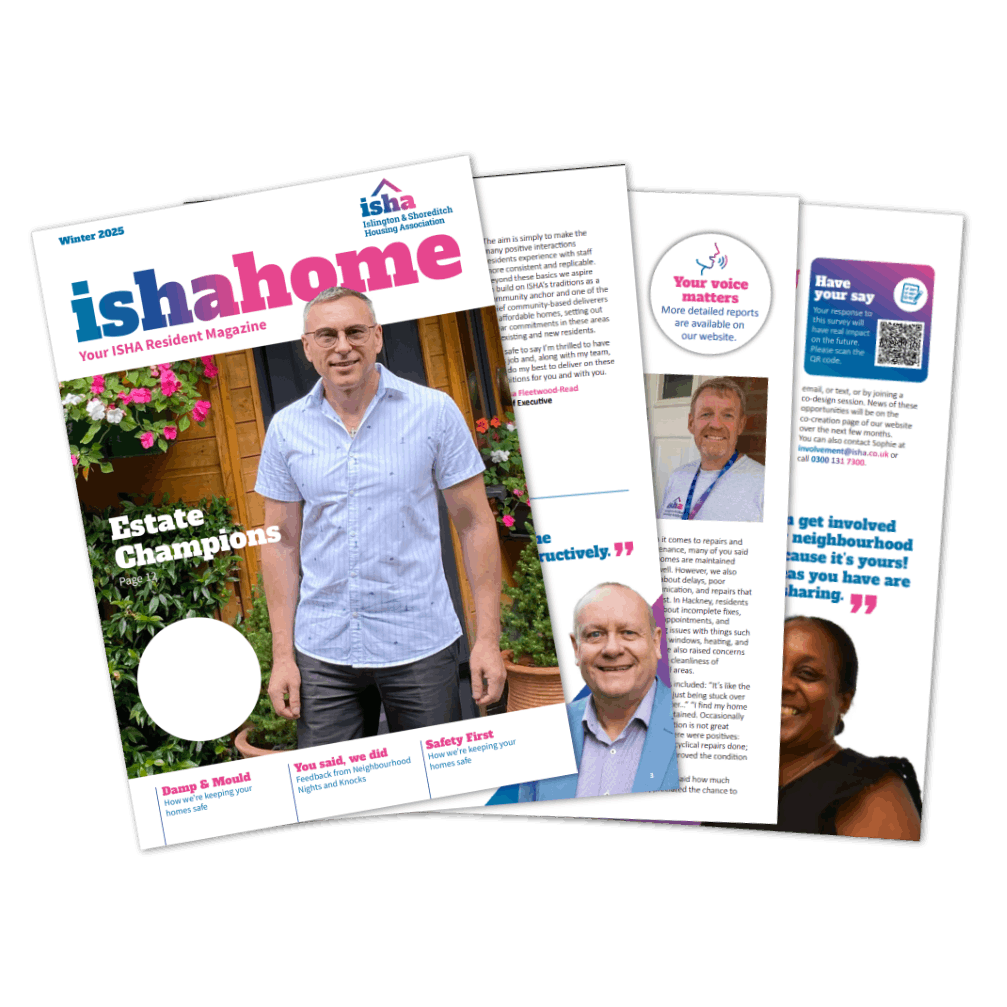 The cover and sample of pages from the winter 2025 ISHAhome residents' magazine.