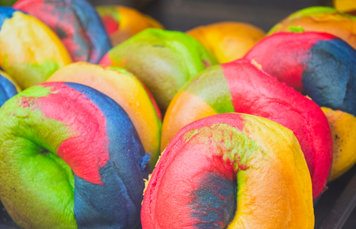 Rainbow doughnuts from a shop on Brick Lane, Tower Hamlets.