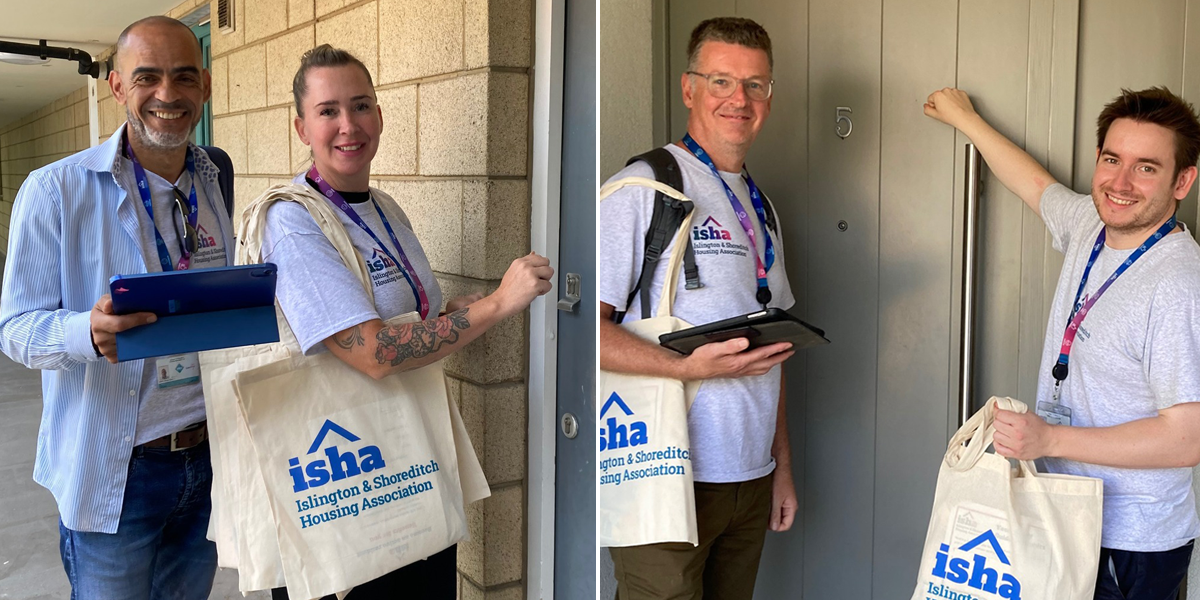 Four ISHA staff members knocking on doors as part of the August 2025 Neighbourhood Knock project.